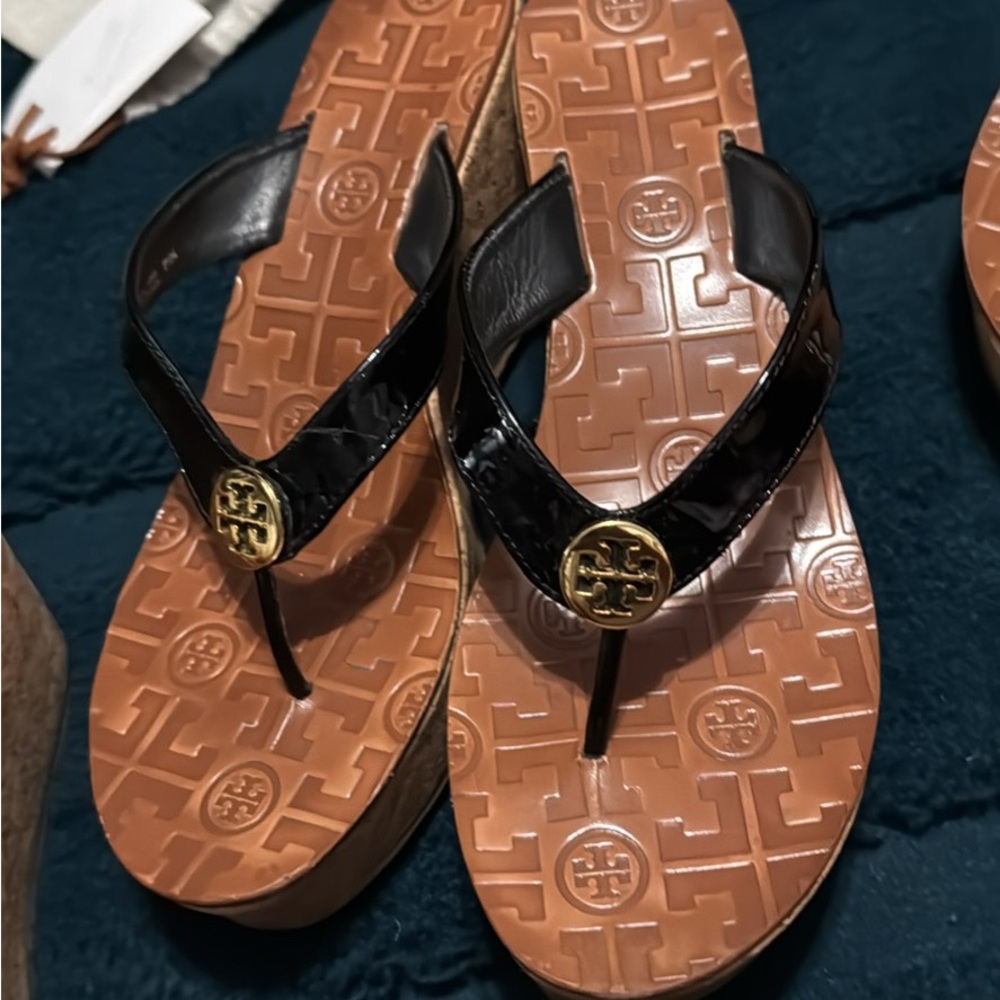 Tory Burch Black and Tan Wedge Flip Flops